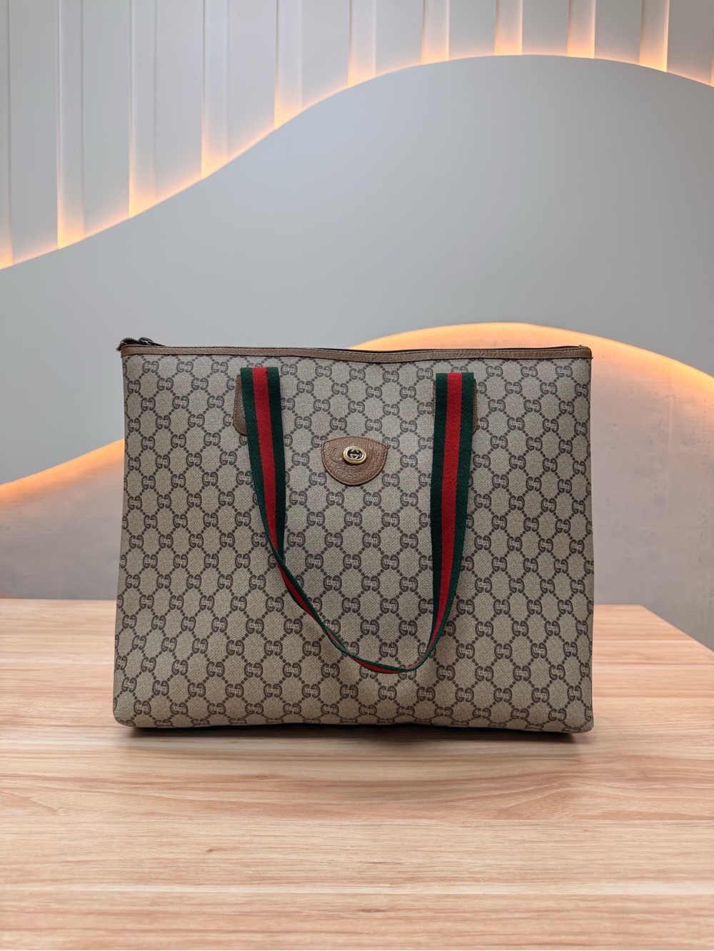 Gucci Beige GG Supreme Tote with Green and Red Web Straps